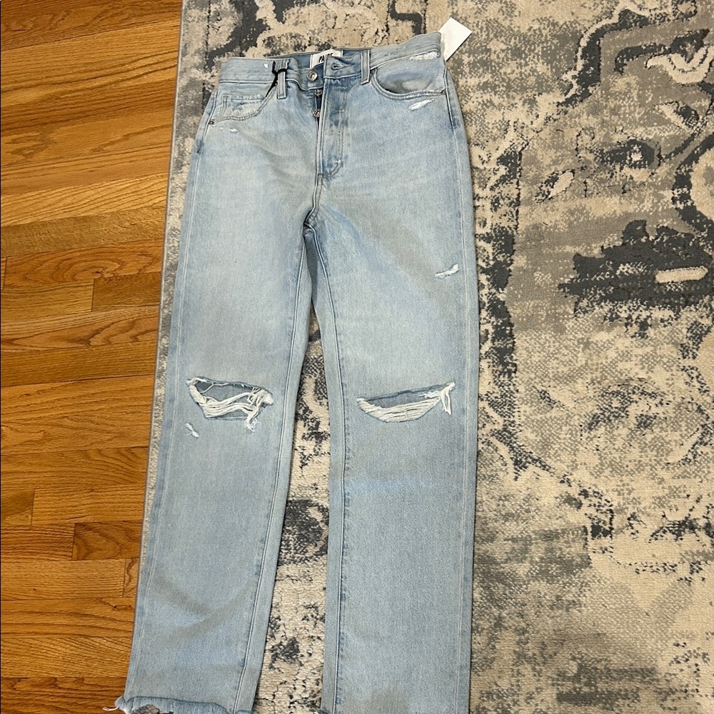 PAIGE Light Blue Distressed Straight Leg Jeans